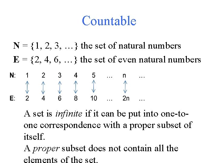 Countable N = {1, 2, 3, …} the set of natural numbers E =