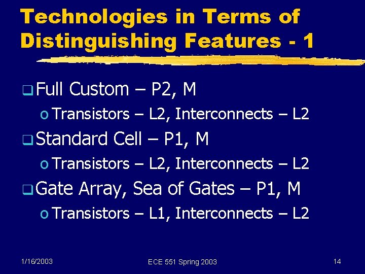 Technologies in Terms of Distinguishing Features - 1 q Full Custom – P 2,