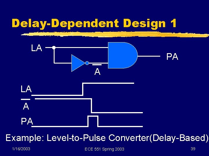 Delay-Dependent Design 1 LA PA A LA A PA Example: Level-to-Pulse Converter(Delay-Based) 1/16/2003 ECE