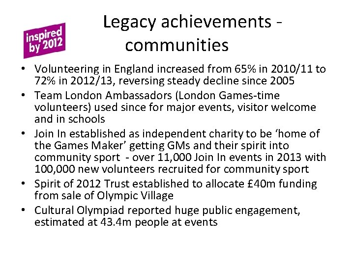 Legacy achievements communities • Volunteering in England increased from 65% in 2010/11 to 72%