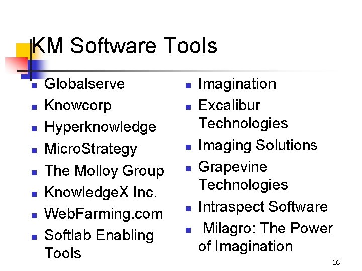 KM Software Tools n n n n Globalserve Knowcorp Hyperknowledge Micro. Strategy The Molloy