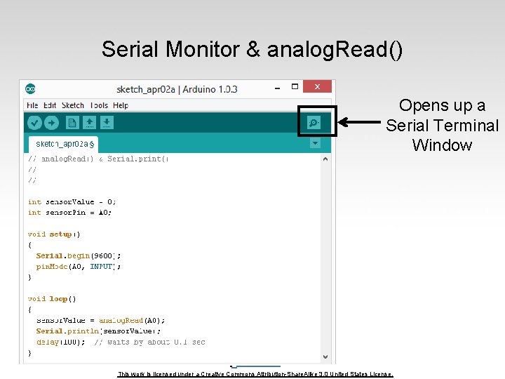 Serial Monitor & analog. Read() Opens up a Serial Terminal Window This work is