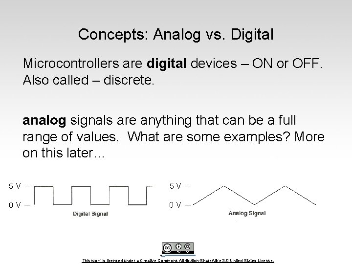 Concepts: Analog vs. Digital Microcontrollers are digital devices – ON or OFF. Also called
