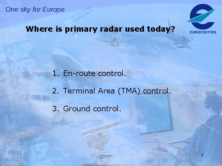 Where is primary radar used today? 1. En-route control. 2. Terminal Area (TMA) control.