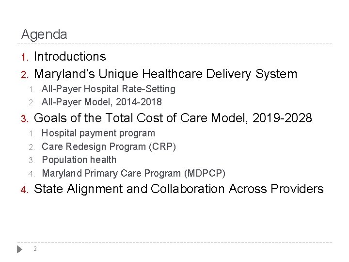 Agenda 1. 2. Introductions Maryland’s Unique Healthcare Delivery System 1. 2. 3. Goals of Agenda 1. 2. Introductions Maryland’s Unique Healthcare Delivery System 1. 2. 3. Goals of