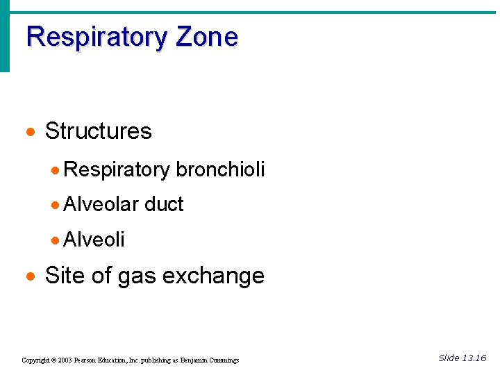 Respiratory Zone · Structures · Respiratory bronchioli · Alveolar duct · Alveoli · Site
