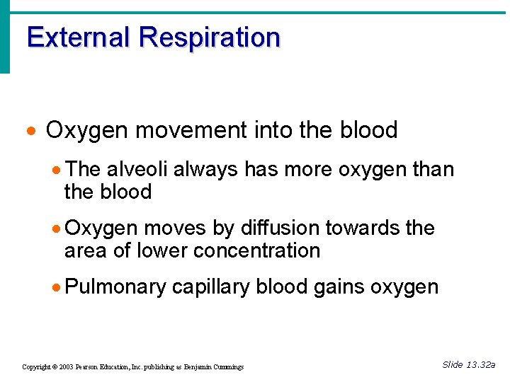 External Respiration · Oxygen movement into the blood · The alveoli always has more