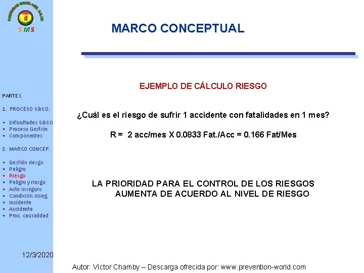 SMS MARCO CONCEPTUAL EJEMPLO DE CÁLCULO RIESGO PARTE I. 1. PROCESO S&SO. • Dificultades