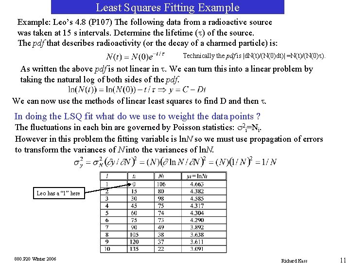 Least Squares Fitting Example: Leo’s 4. 8 (P 107) The following data from a