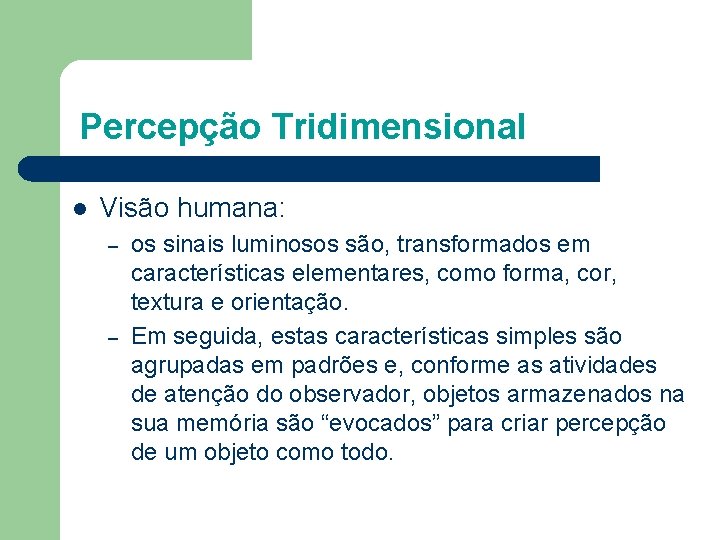 Percepção Tridimensional l Visão humana: – – os sinais luminosos são, transformados em características