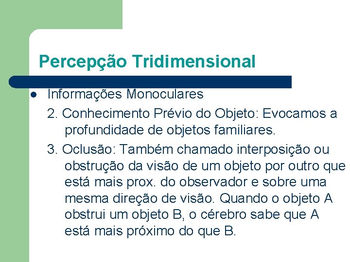 Percepção Tridimensional l Informações Monoculares 2. Conhecimento Prévio do Objeto: Evocamos a profundidade de