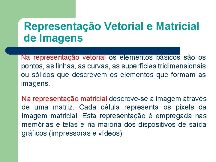Representação Vetorial e Matricial de Imagens Na representação vetorial os elementos básicos são os