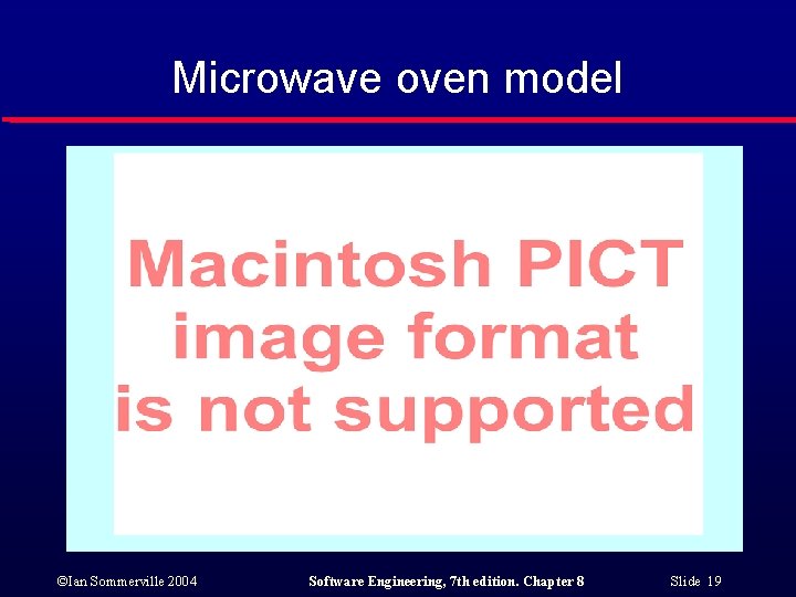 Microwave oven model ©Ian Sommerville 2004 Software Engineering, 7 th edition. Chapter 8 Slide