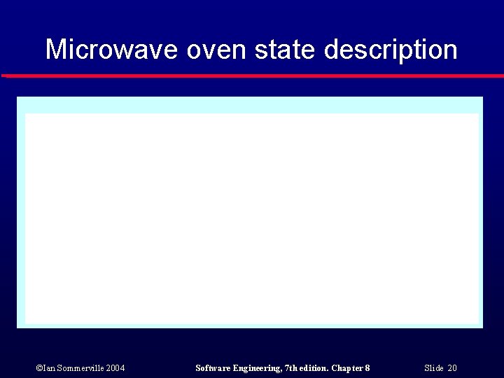 Microwave oven state description ©Ian Sommerville 2004 Software Engineering, 7 th edition. Chapter 8
