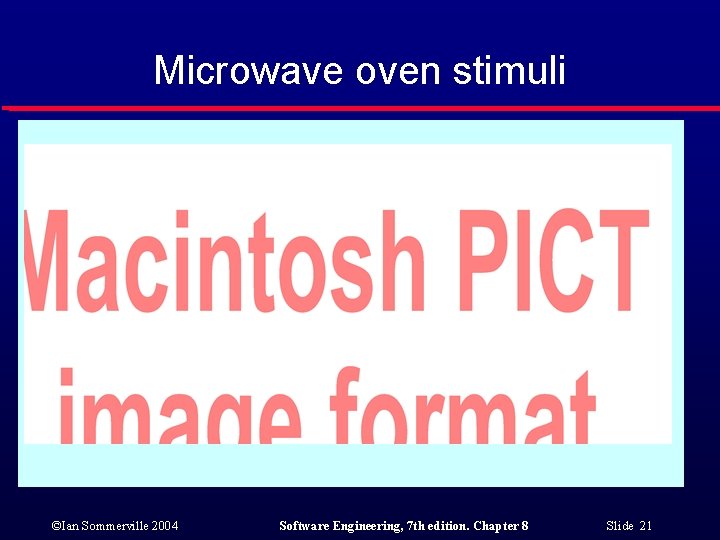 Microwave oven stimuli ©Ian Sommerville 2004 Software Engineering, 7 th edition. Chapter 8 Slide