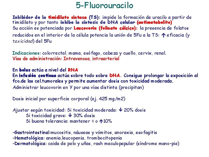 5 -Fluorouracilo Inhibidor de la timidilato sintasa (TS): impide la formación de uracilo a