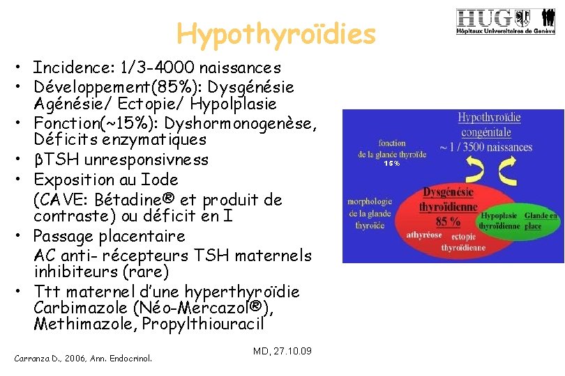 Hypothyroïdies • Incidence: 1/3 -4000 naissances • Développement(85%): Dysgénésie Agénésie/ Ectopie/ Hypolplasie • Fonction(~15%):