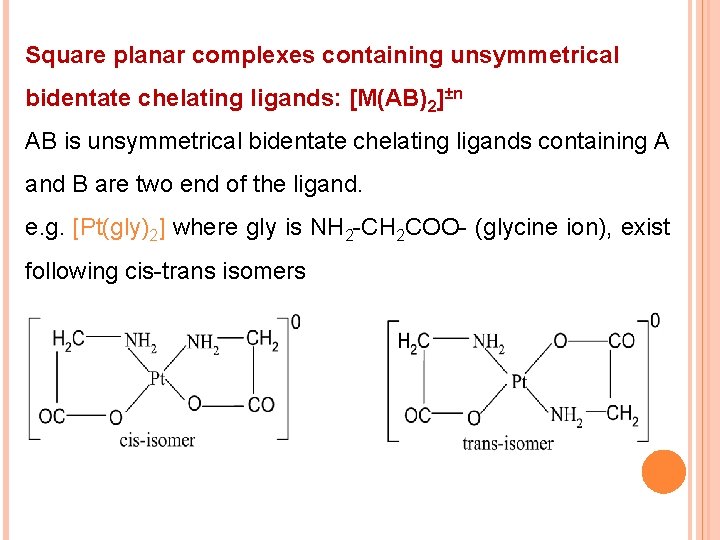 Square planar complexes containing unsymmetrical bidentate chelating ligands: [M(AB)2]±n AB is unsymmetrical bidentate chelating
