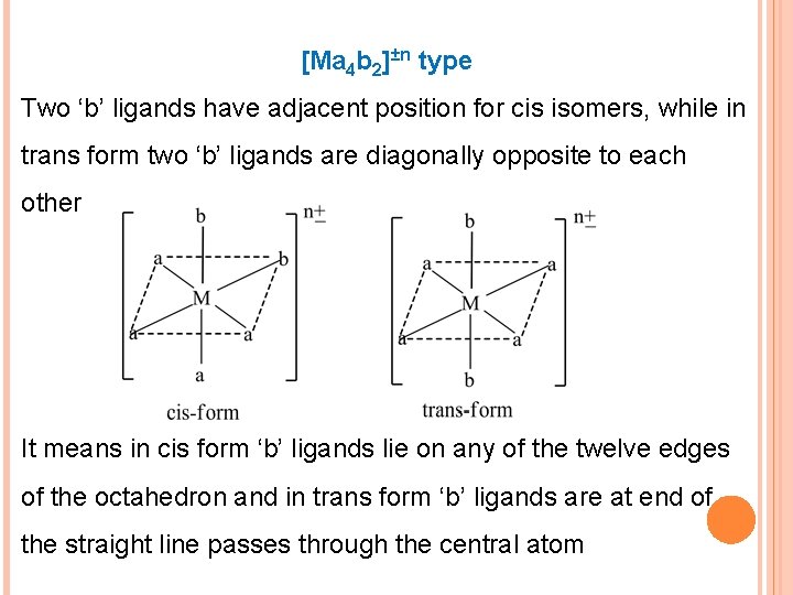 [Ma 4 b 2]±n type Two ‘b’ ligands have adjacent position for cis isomers,