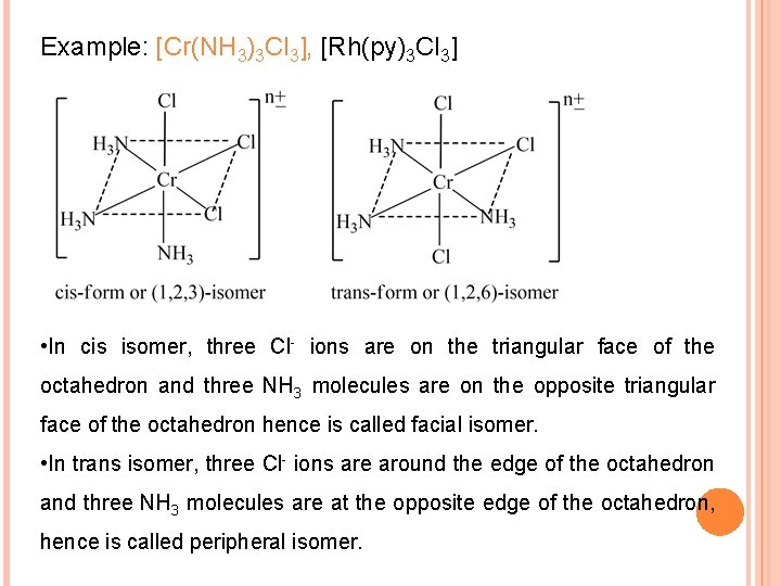 Example: [Cr(NH 3)3 Cl 3], [Rh(py)3 Cl 3] • In cis isomer, three Cl-
