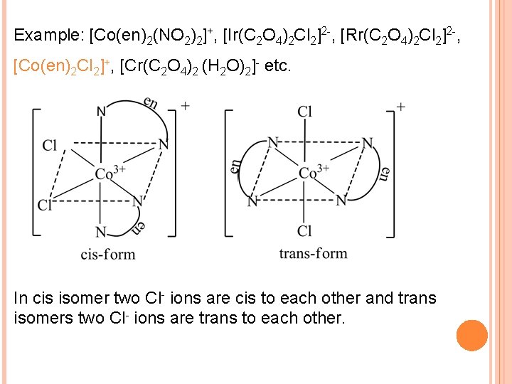 Example: [Co(en)2(NO 2)2]+, [Ir(C 2 O 4)2 Cl 2]2 -, [Rr(C 2 O 4)2