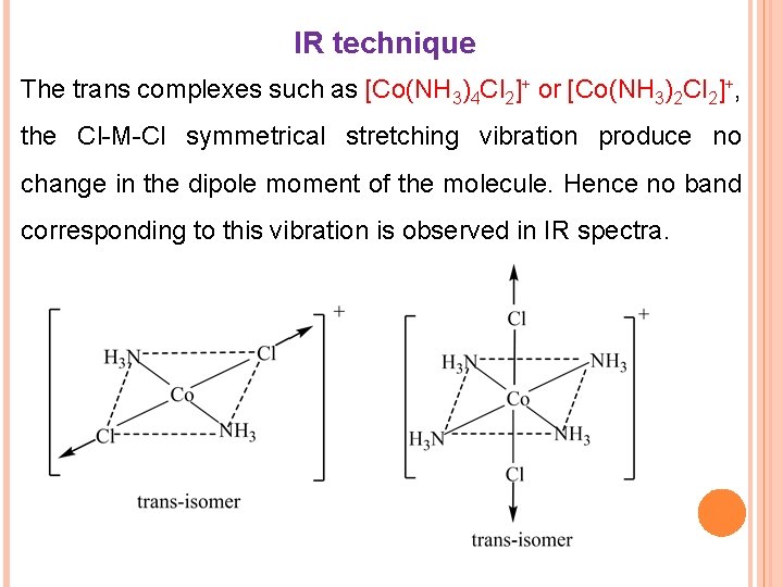 IR technique The trans complexes such as [Co(NH 3)4 Cl 2]+ or [Co(NH 3)2