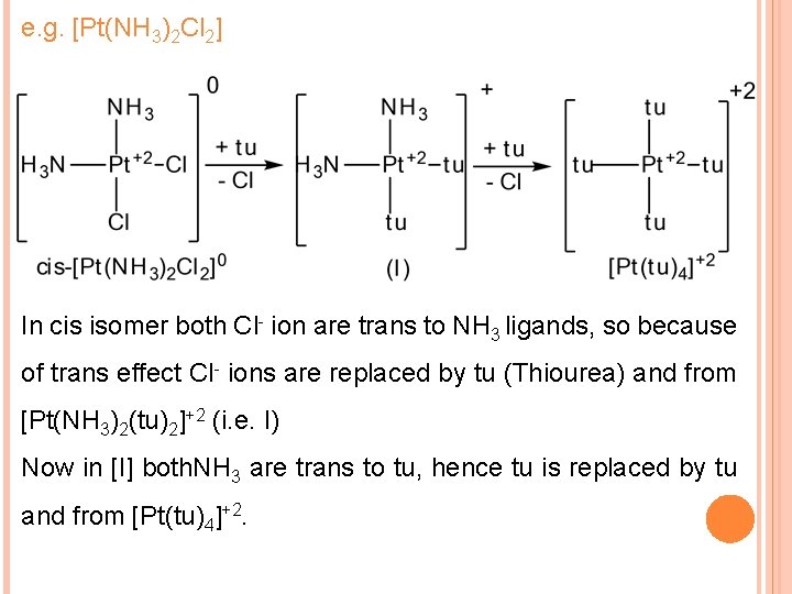 e. g. [Pt(NH 3)2 Cl 2] In cis isomer both Cl- ion are trans