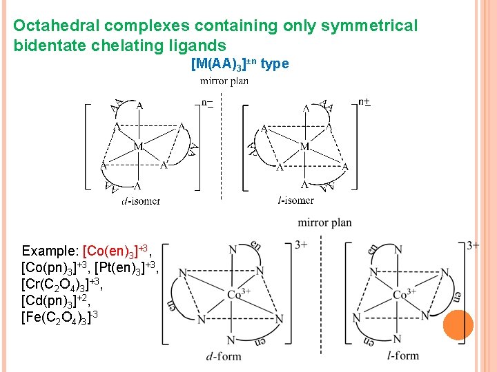 Octahedral complexes containing only symmetrical bidentate chelating ligands [M(AA)3]±n type Example: [Co(en)3]+3, [Co(pn)3]+3, [Pt(en)3]+3,