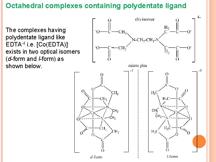 Octahedral complexes containing polydentate ligand The complexes having polydentate ligand like EDTA-4 i. e.