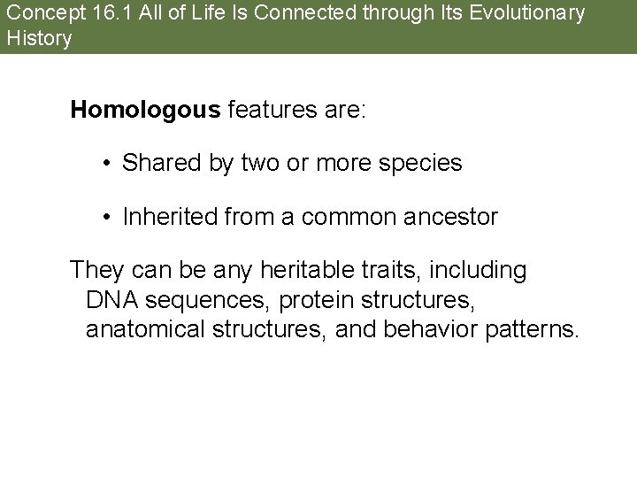 Concept 16. 1 All of Life Is Connected through Its Evolutionary History Homologous features