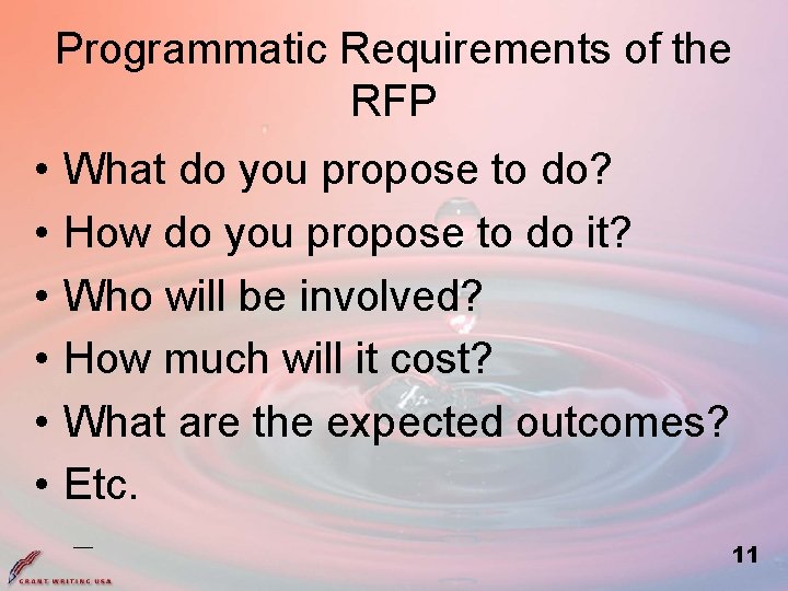 Programmatic Requirements of the RFP • • • What do you propose to do?