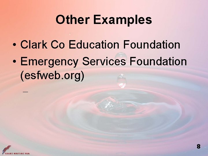 Other Examples • Clark Co Education Foundation • Emergency Services Foundation (esfweb. org) –