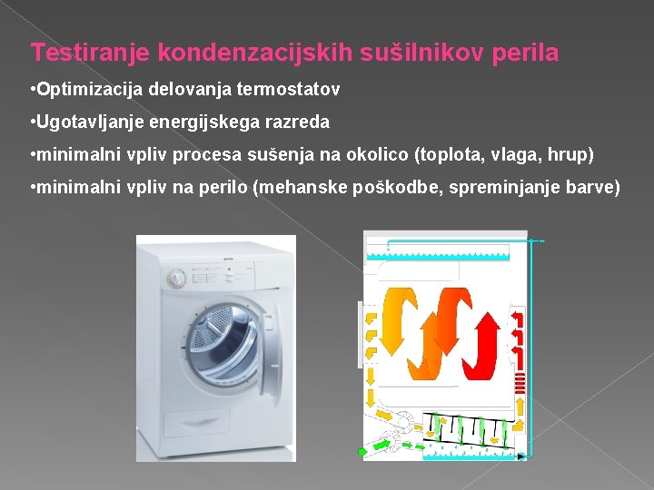 Testiranje kondenzacijskih sušilnikov perila • Optimizacija delovanja termostatov • Ugotavljanje energijskega razreda • minimalni