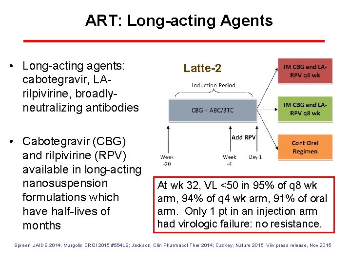 ART: Long-acting Agents • Long-acting agents: cabotegravir, LArilpivirine, broadlyneutralizing antibodies • Cabotegravir (CBG) and