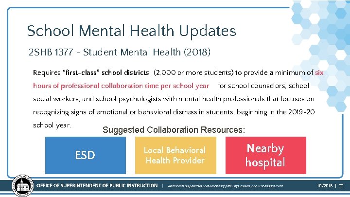 School Mental Health Updates 2 SHB 1377 - Student Mental Health (2018) Requires “first-class” School Mental Health Updates 2 SHB 1377 - Student Mental Health (2018) Requires “first-class”