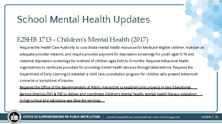 School Mental Health Updates E 2 SHB 1713 - Children's Mental Health (2017) Requires School Mental Health Updates E 2 SHB 1713 - Children's Mental Health (2017) Requires