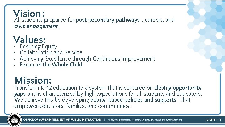 Vision : All students prepared for post-secondary pathways , careers, and civic engagement. Values: Vision : All students prepared for post-secondary pathways , careers, and civic engagement. Values: