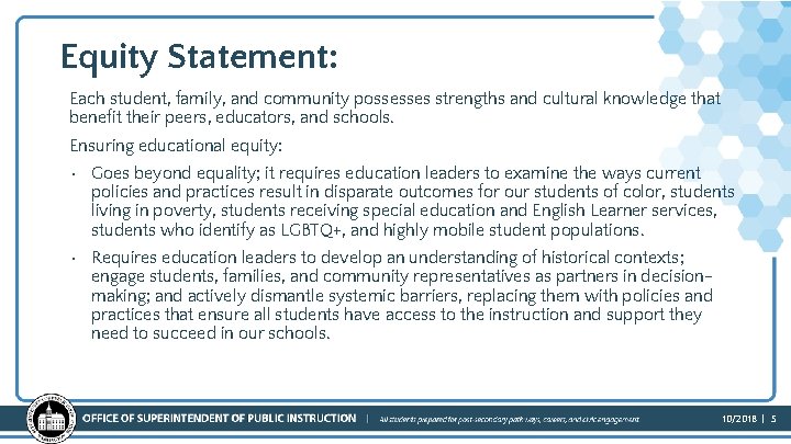 Equity Statement: Each student, family, and community possesses strengths and cultural knowledge that benefit Equity Statement: Each student, family, and community possesses strengths and cultural knowledge that benefit