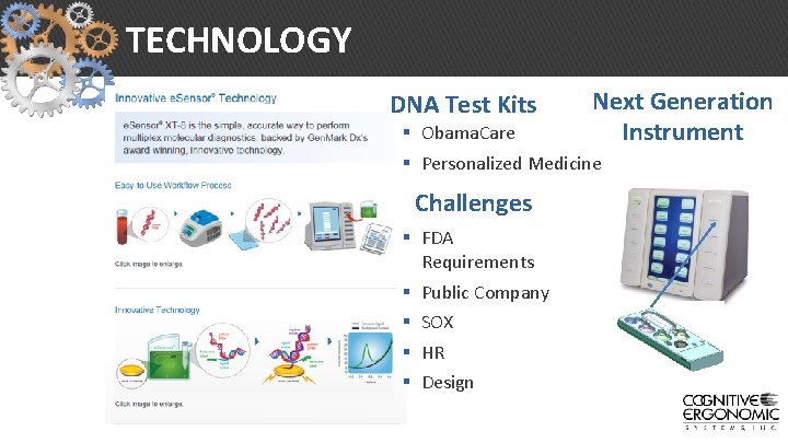 TECHNOLOGY DNA Test Kits Next Generation Instrument § Obama. Care § Personalized Medicine Challenges