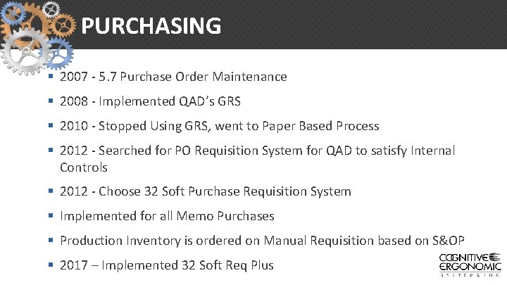 PURCHASING § 2007 - 5. 7 Purchase Order Maintenance § 2008 - Implemented QAD’s