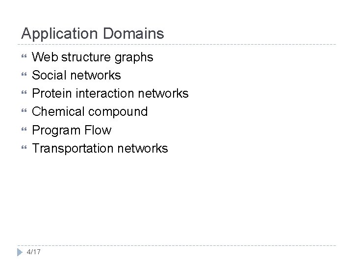 Application Domains Web structure graphs Social networks Protein interaction networks Chemical compound Program Flow