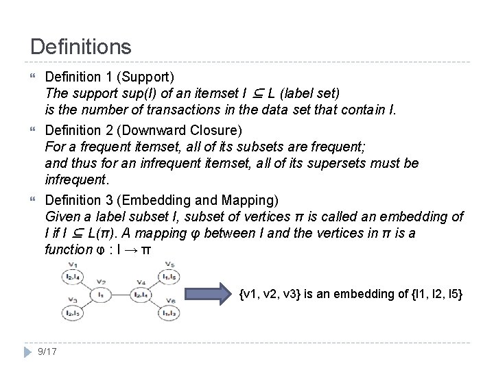 Definitions Definition 1 (Support) The support sup(I) of an itemset I ⊆ L (label