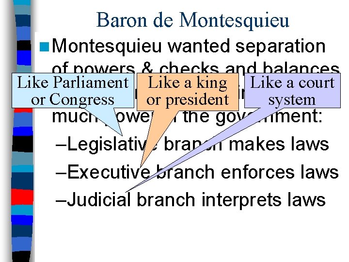 Baron de Montesquieu n Montesquieu wanted separation of powers & checks and balances Like