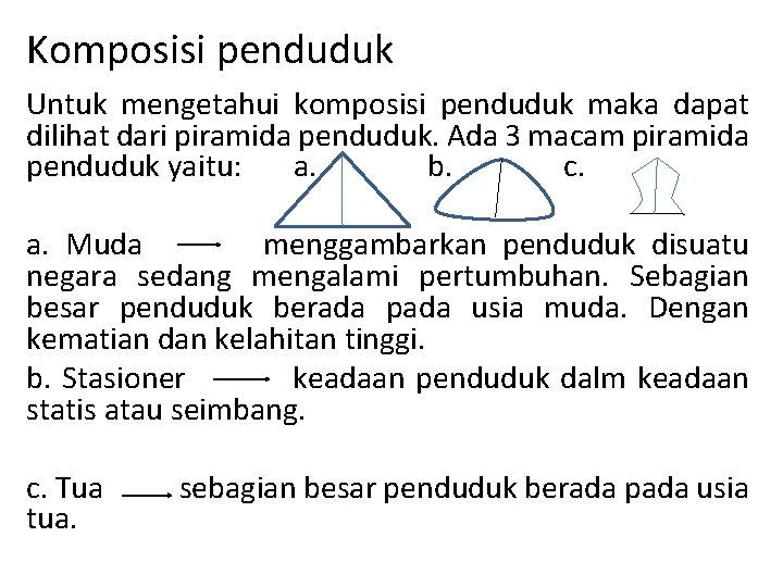 Komposisi penduduk Untuk mengetahui komposisi penduduk maka dapat dilihat dari piramida penduduk. Ada 3