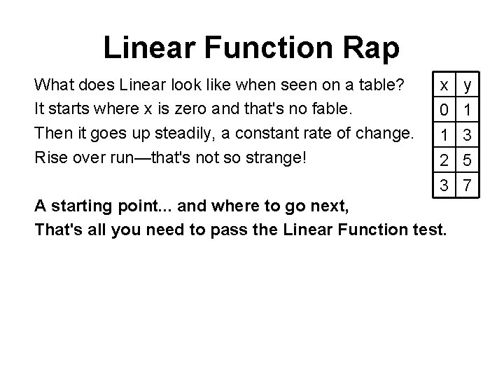 Linear Function Rap What does Linear look like when seen on a table? It