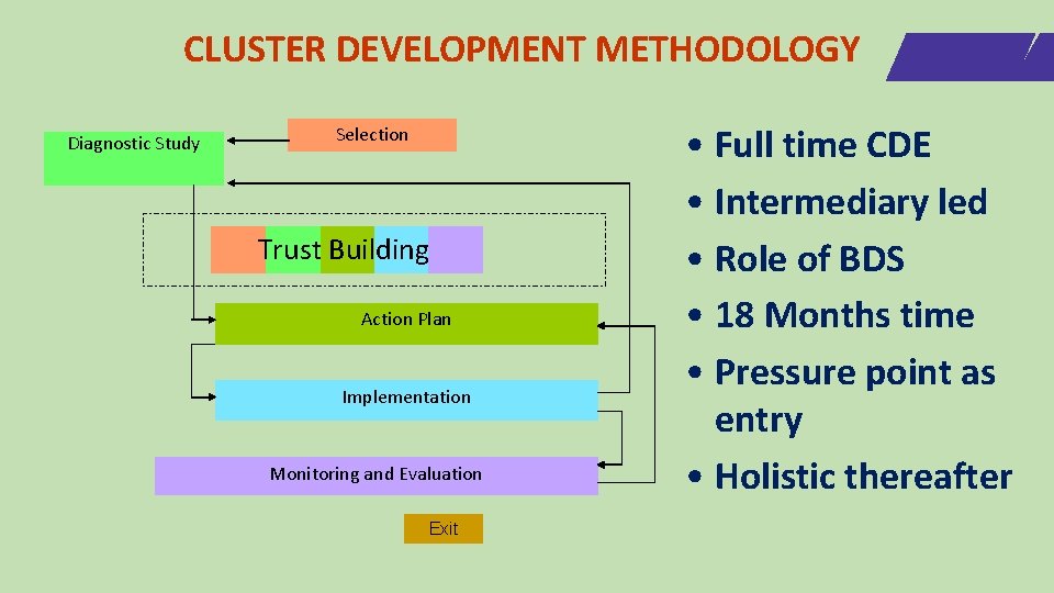CLUSTER DEVELOPMENT METHODOLOGY Diagnostic Study Selection Trust Building Action Plan Implementation Monitoring and Evaluation
