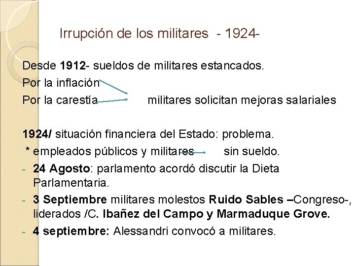 Irrupción de los militares - 1924 Desde 1912 - sueldos de militares estancados. Por