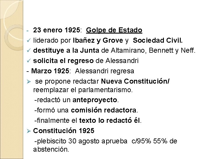 23 enero 1925: Golpe de Estado ü liderado por Ibañez y Grove y Sociedad
