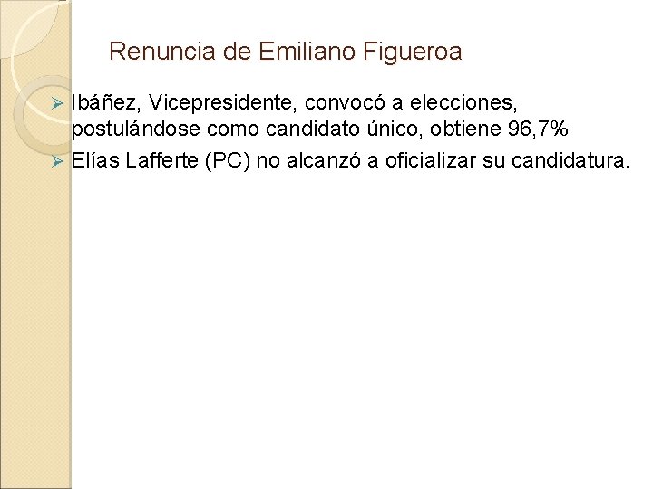 Renuncia de Emiliano Figueroa Ibáñez, Vicepresidente, convocó a elecciones, postulándose como candidato único, obtiene