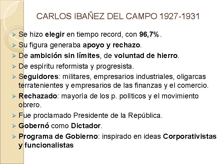 CARLOS IBAÑEZ DEL CAMPO 1927 -1931 Se hizo elegir en tiempo record, con 96,
